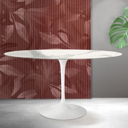 Saarinen Tulip Table H 74 cm Round in Florim Statuario Matte Ceramic - Scarlet Viadurini