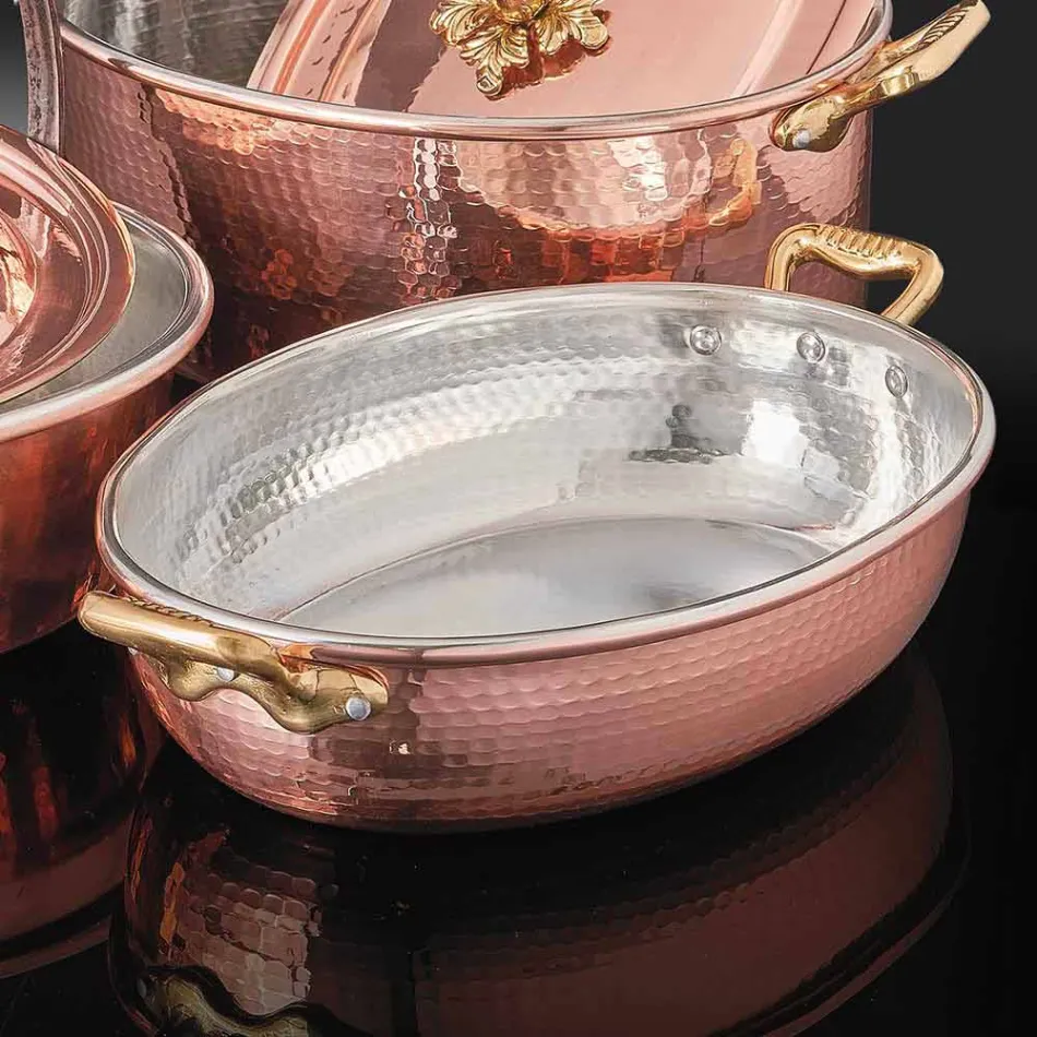Hand Tinned Copper Oval Design Pan with Lid 36x26 cm - Mariachiara Viadurini