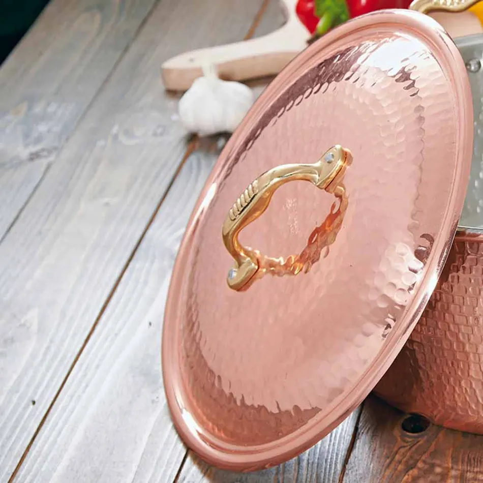 Round Hand Tinned Copper Pan 2 Handles and Lid 40 cm - Giangiorgio Viadurini