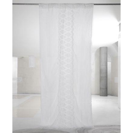 Italian Luxury Light Linen Curtain with Organza and White Embroidery - Marinella Viadurini