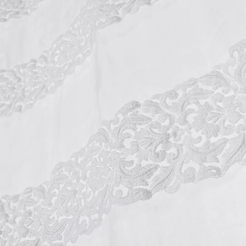 White Linen Curtain with Organza and Shabby Design Embroidery Made in Italy - Marpessa Viadurini
