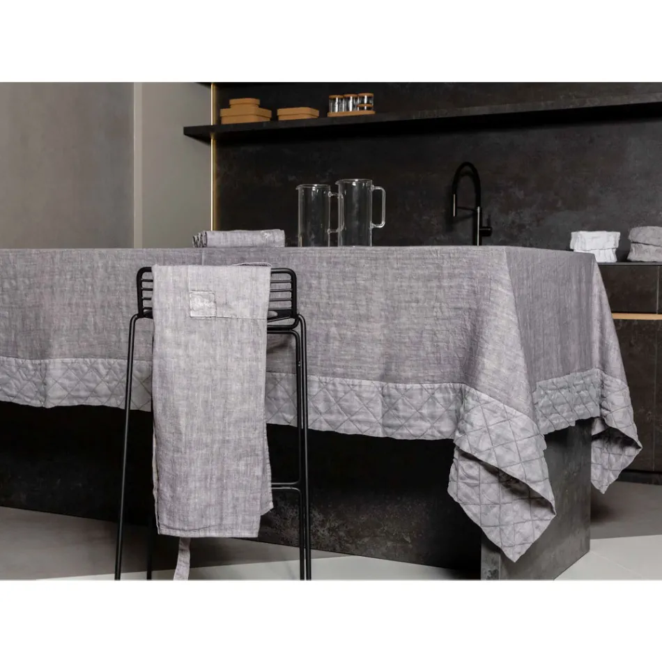 Anthracite Linen Tablecloth and Border with Geometric Decoration, Handcrafted - Dippel Viadurini