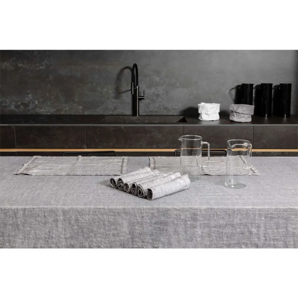 Anthracite Linen Tablecloth and Border with Geometric Decoration, Handcrafted - Dippel Viadurini