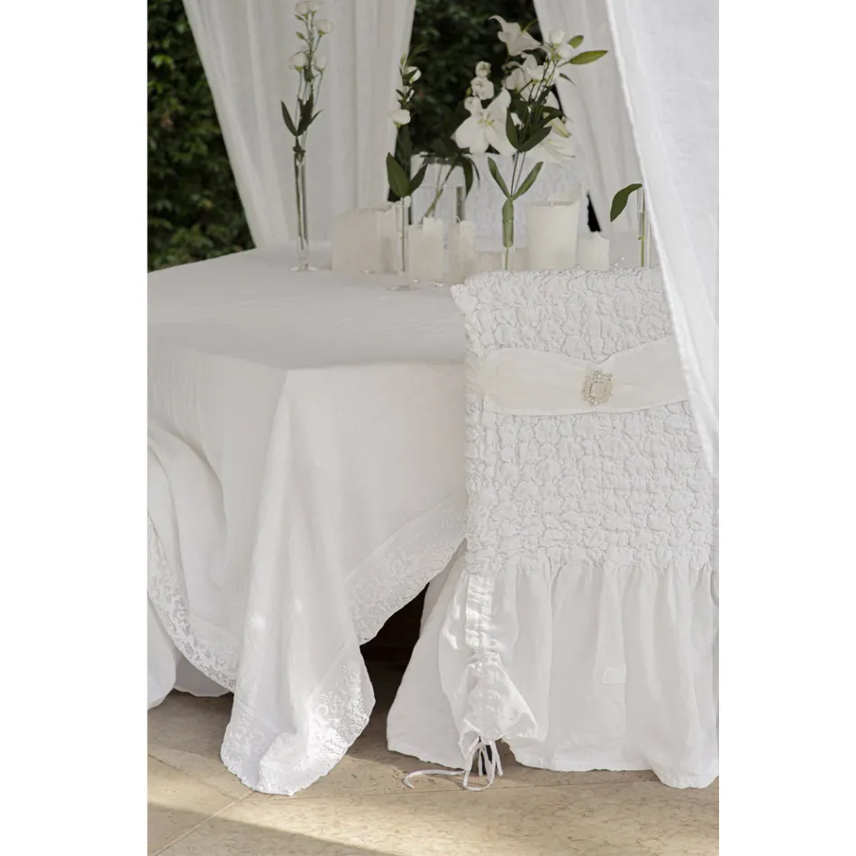 Luxury White Rectangular Linen Tablecloth with Frame or Lace - Davinci Viadurini