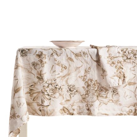 Printed and Garment-Wash Linen Tablecloth with a Lush Floral Design - Caress Viadurini