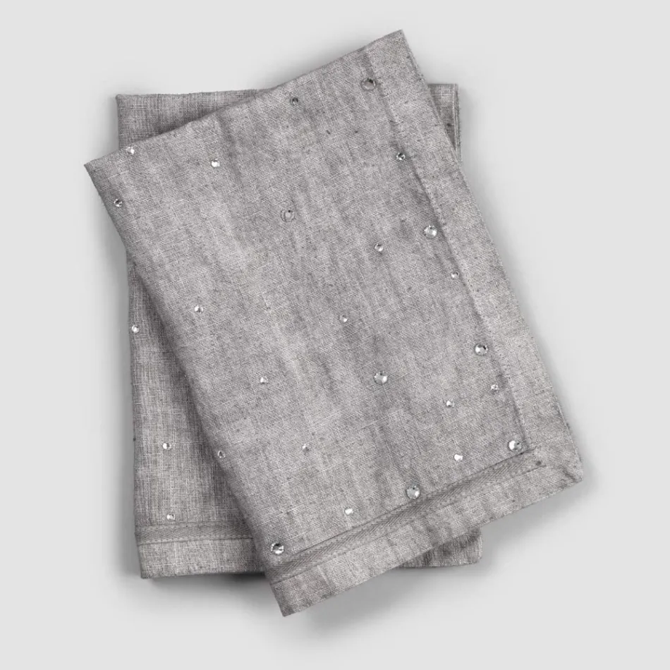 Breakfast Placemats in Grey Linen with Crystals 2 Pieces - Macanno Viadurini