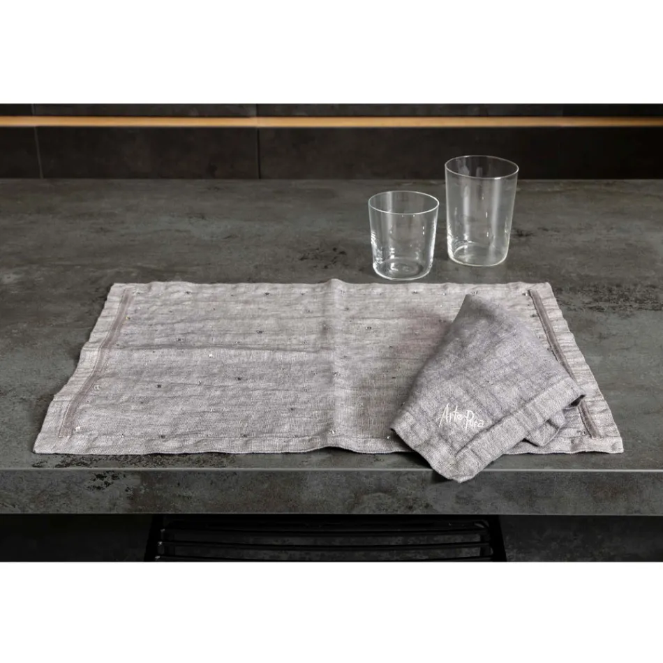Breakfast Placemats in Grey Linen with Crystals 2 Pieces - Macanno Viadurini