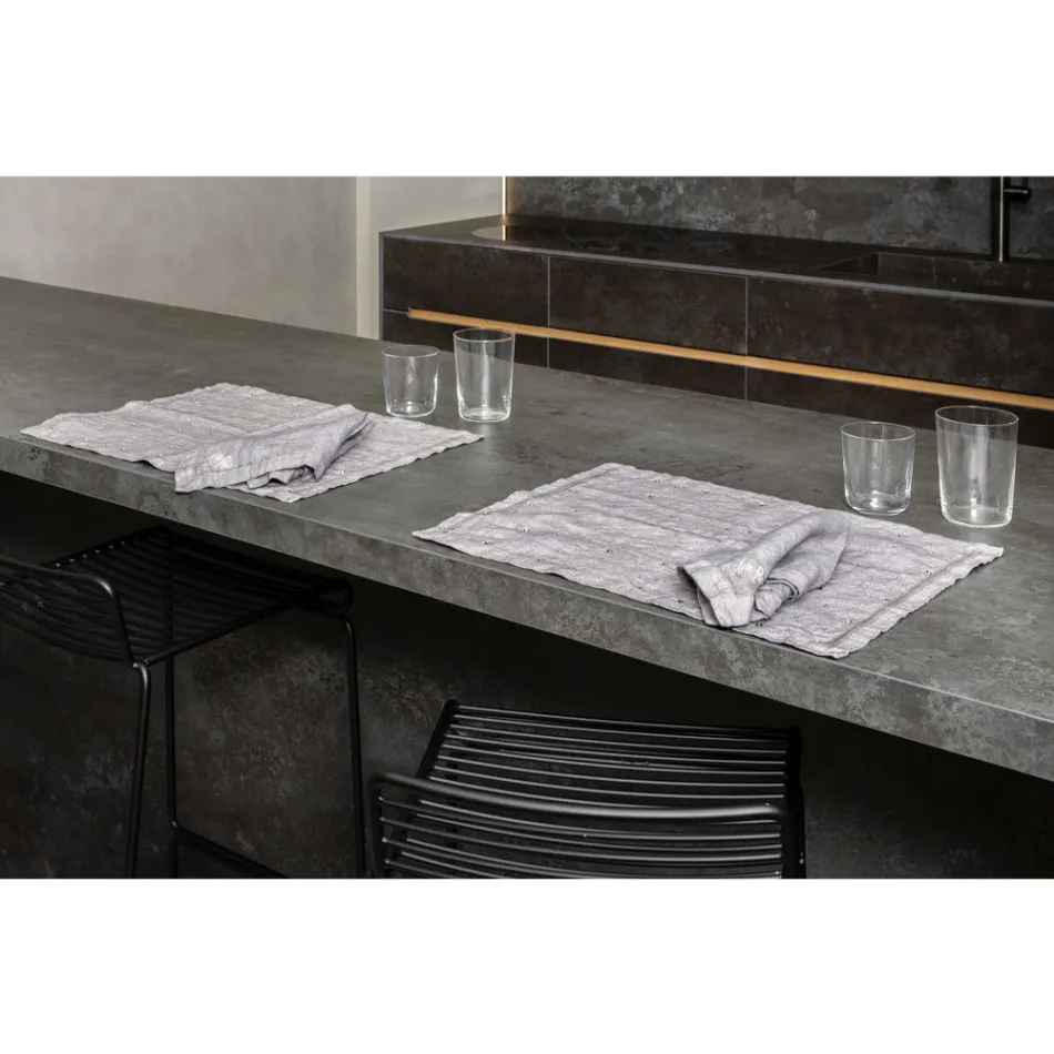 Breakfast Placemats in Grey Linen with Crystals 2 Pieces - Macanno Viadurini