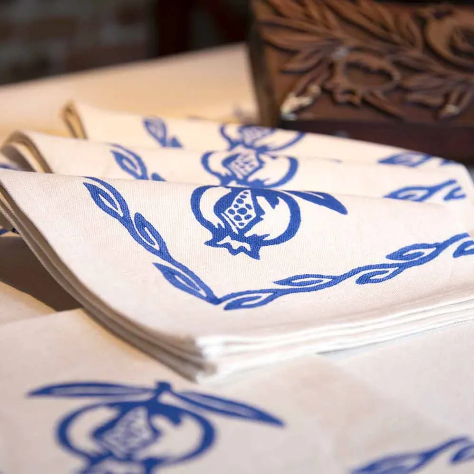 Napkin in Mixed Linen with Hand Print Unique Piece Made in Italy - Brands Viadurini