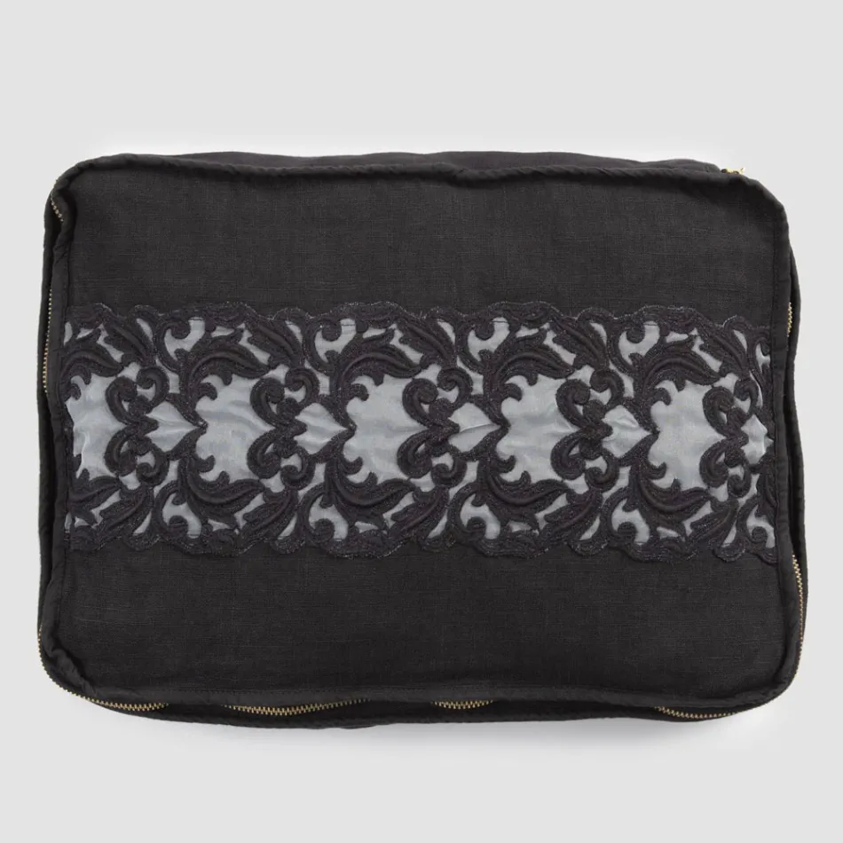 Large Linen and Cotton Cosmetic Bag with Farnese Lace and Zipper, 2 Finishes - Mike Viadurini