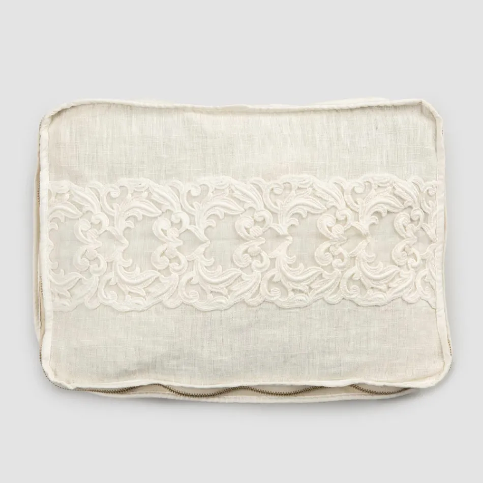 Large Linen and Cotton Cosmetic Bag with Farnese Lace and Zipper, 2 Finishes - Mike Viadurini