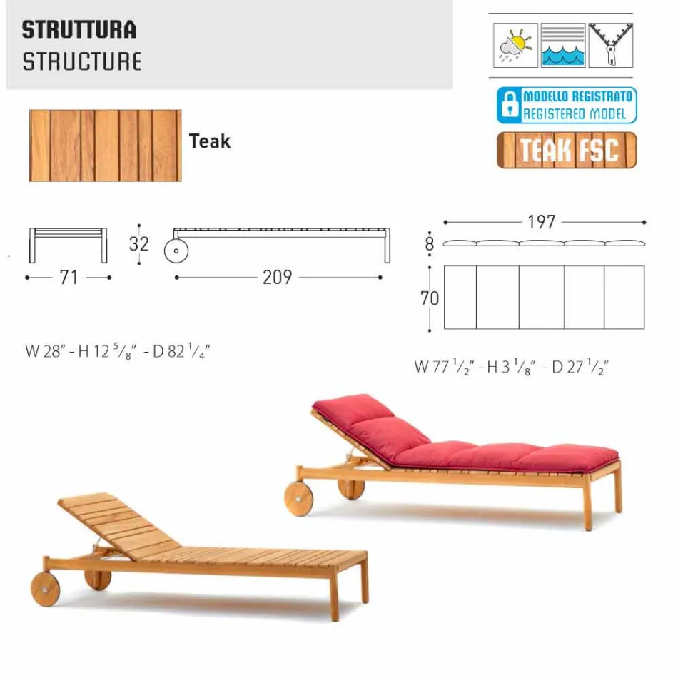 Varaschin Barcode sunlounger with outdoor wheels in teak wood Viadurini