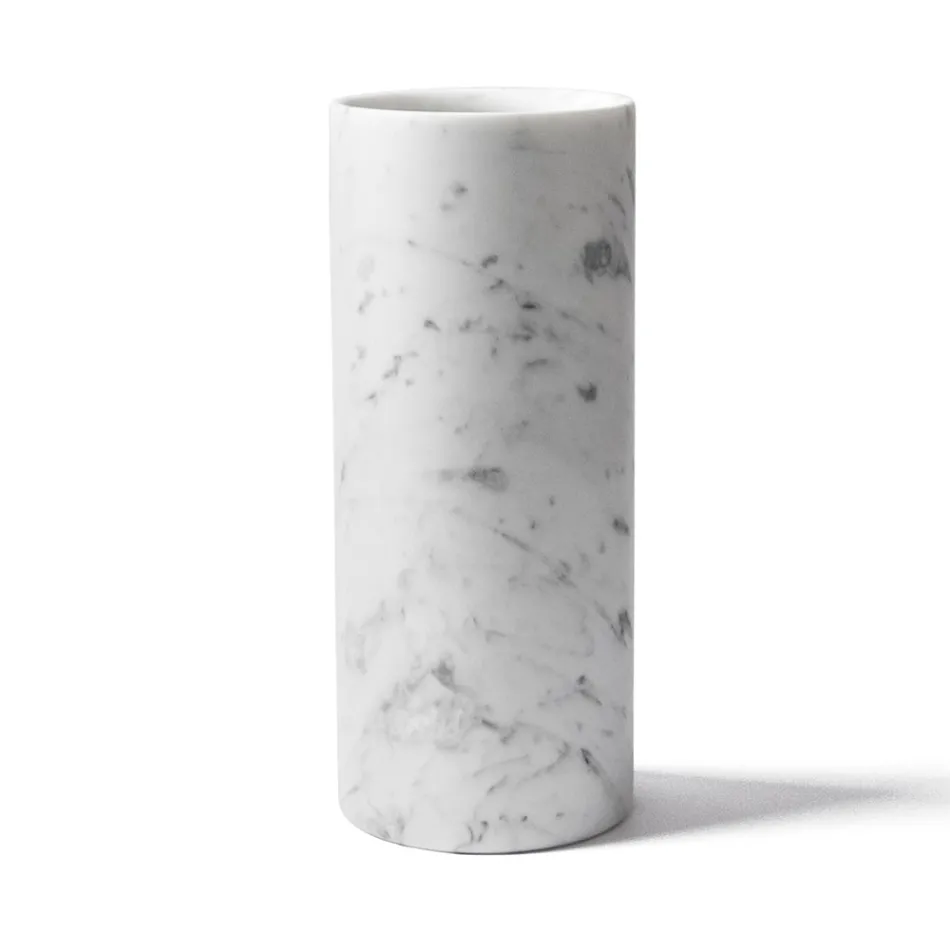 Cylindrical Vase in Satin White Carrara Marble Italian Design - Murillo Viadurini