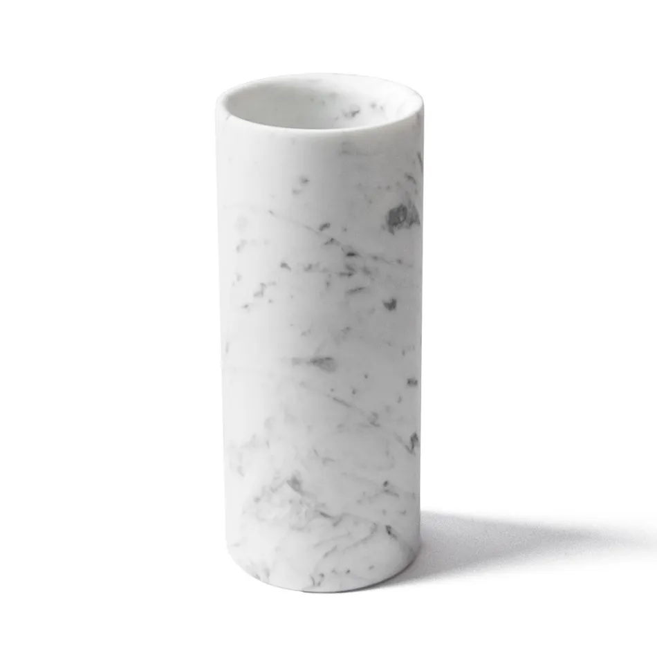 Cylindrical Vase in Satin White Carrara Marble Italian Design - Murillo Viadurini