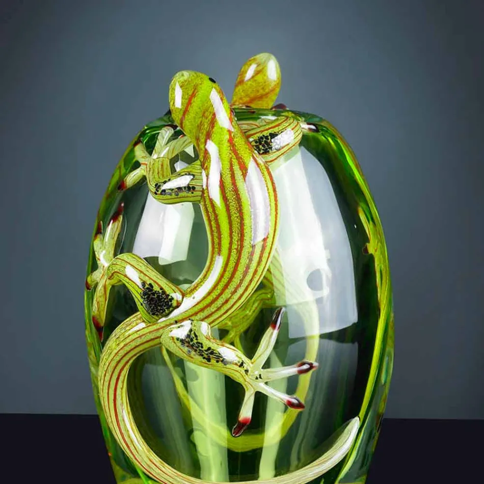 Indoor Stained Glass Vase with Geckos Handmade in Italy - Geco Viadurini