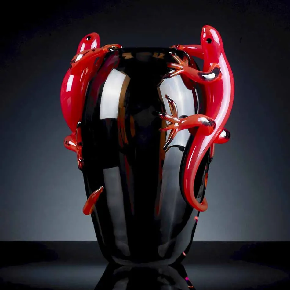 Indoor Stained Glass Vase with Geckos Handmade in Italy - Geco Viadurini