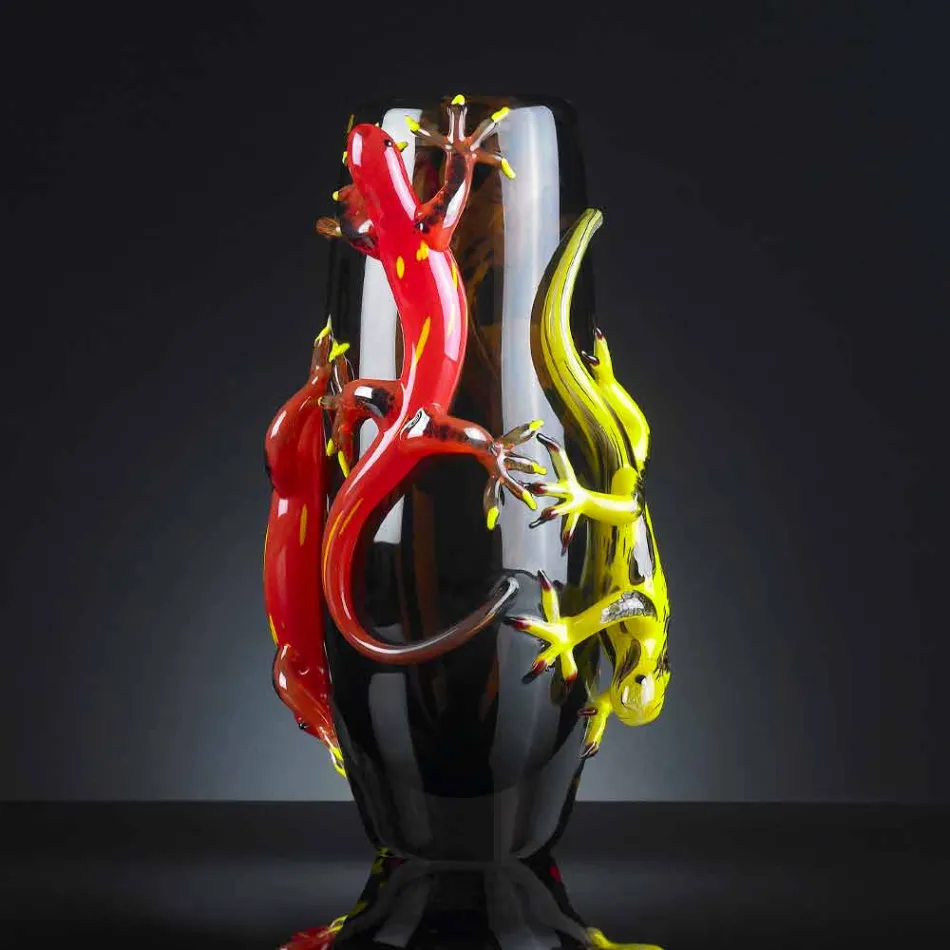 Colored Glass Vase with Geckos Handcrafted in Italy - Geco Viadurini