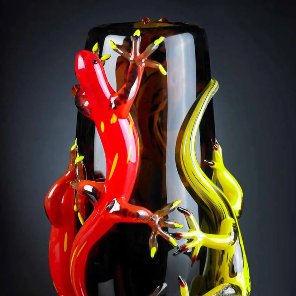 Colored Glass Vase with Geckos Handcrafted in Italy - Geco Viadurini