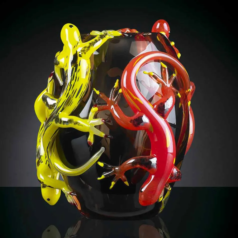 Colored Glass Vase with Geckos Handcrafted in Italy - Geco Viadurini