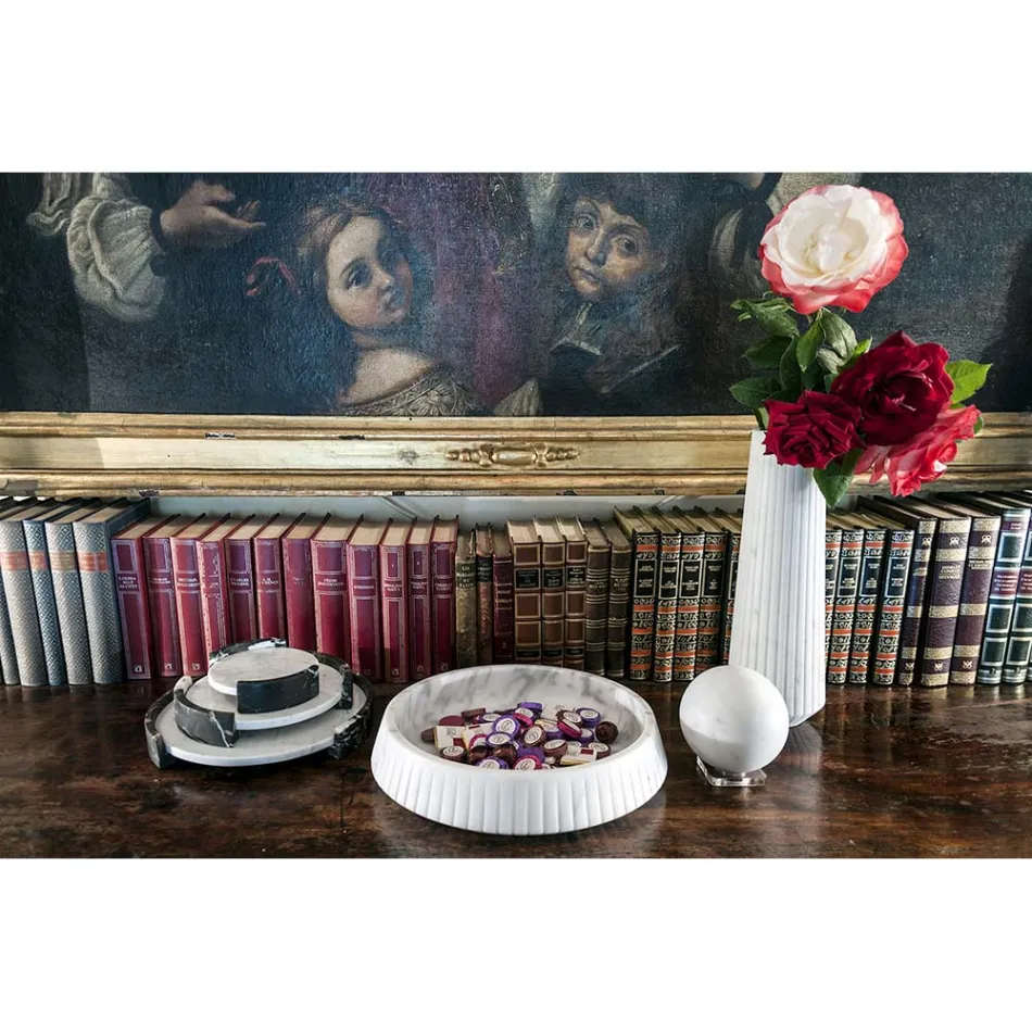 Modern Round Tray in White Carrara Marble Made in Italy - Chet Viadurini