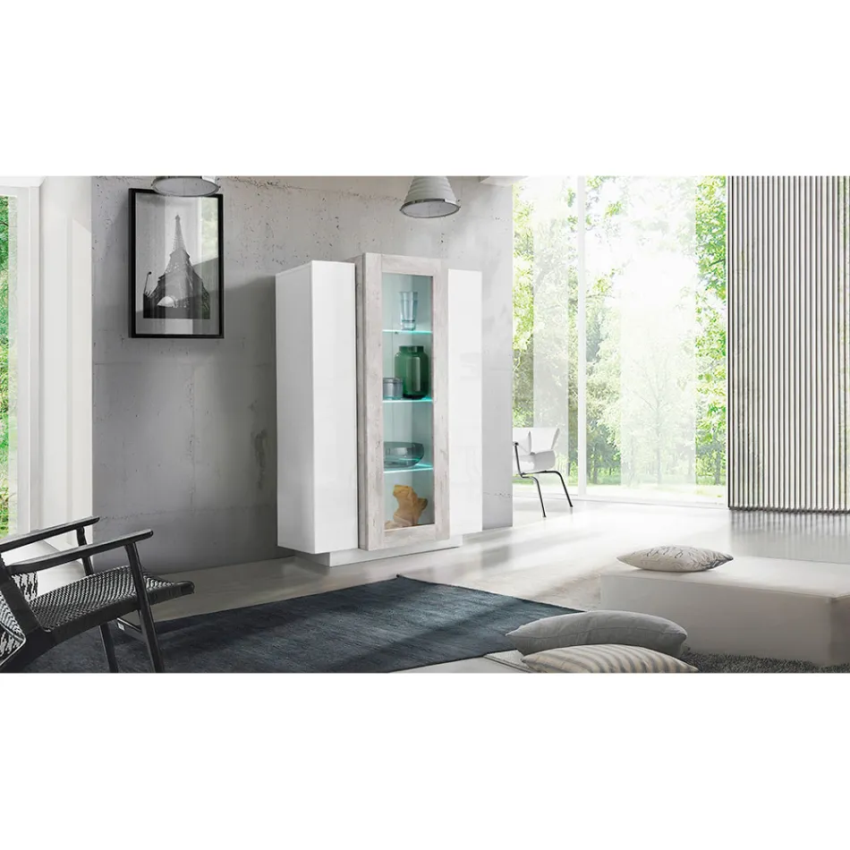 Showcase 3 Doors Lounge White and Anthracite Wood, Cement or Maple - Therese Viadurini