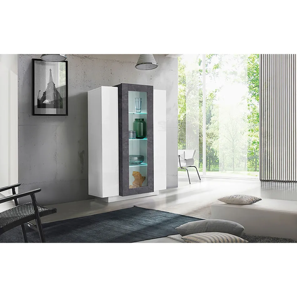 Showcase 3 Doors Lounge White and Anthracite Wood, Cement or Maple - Therese Viadurini