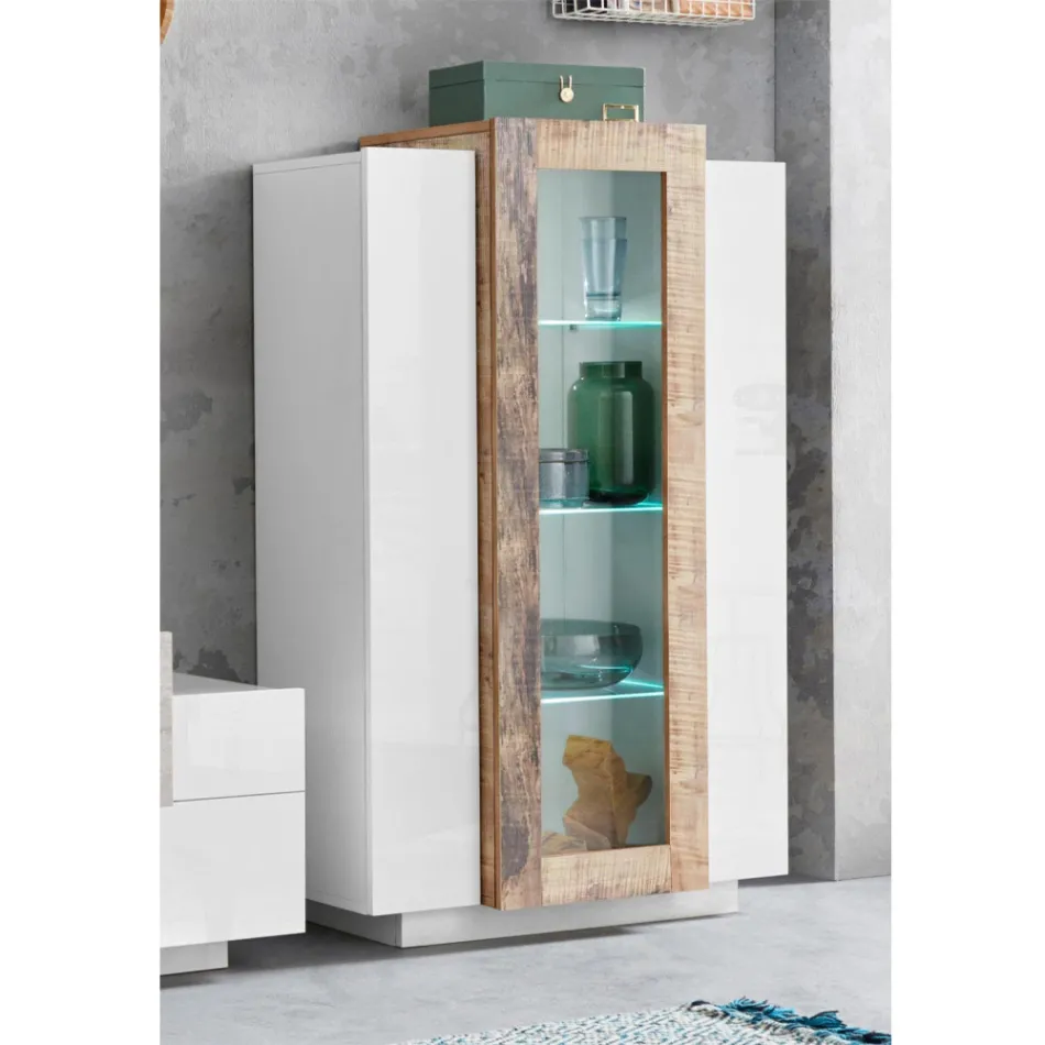 Showcase 3 Doors Lounge White and Anthracite Wood, Cement or Maple - Therese Viadurini