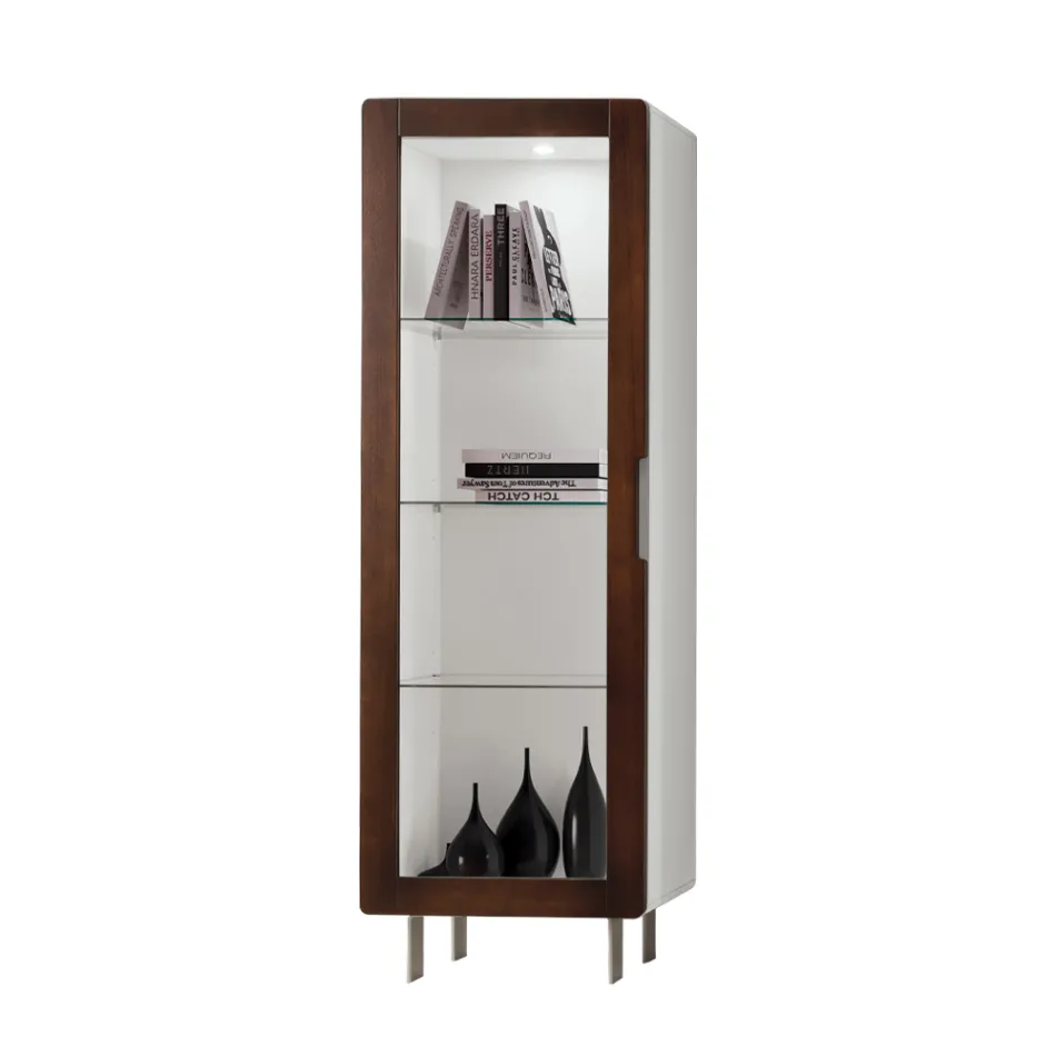 Lounge Showcase with 1 Door in White and Canaletto Finish Made in Italy - Gerd Viadurini